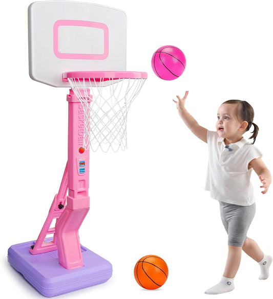 Girls Basketball Hoop Outdoor Indoor Mini Adjustable Pink Basketball Goal with B