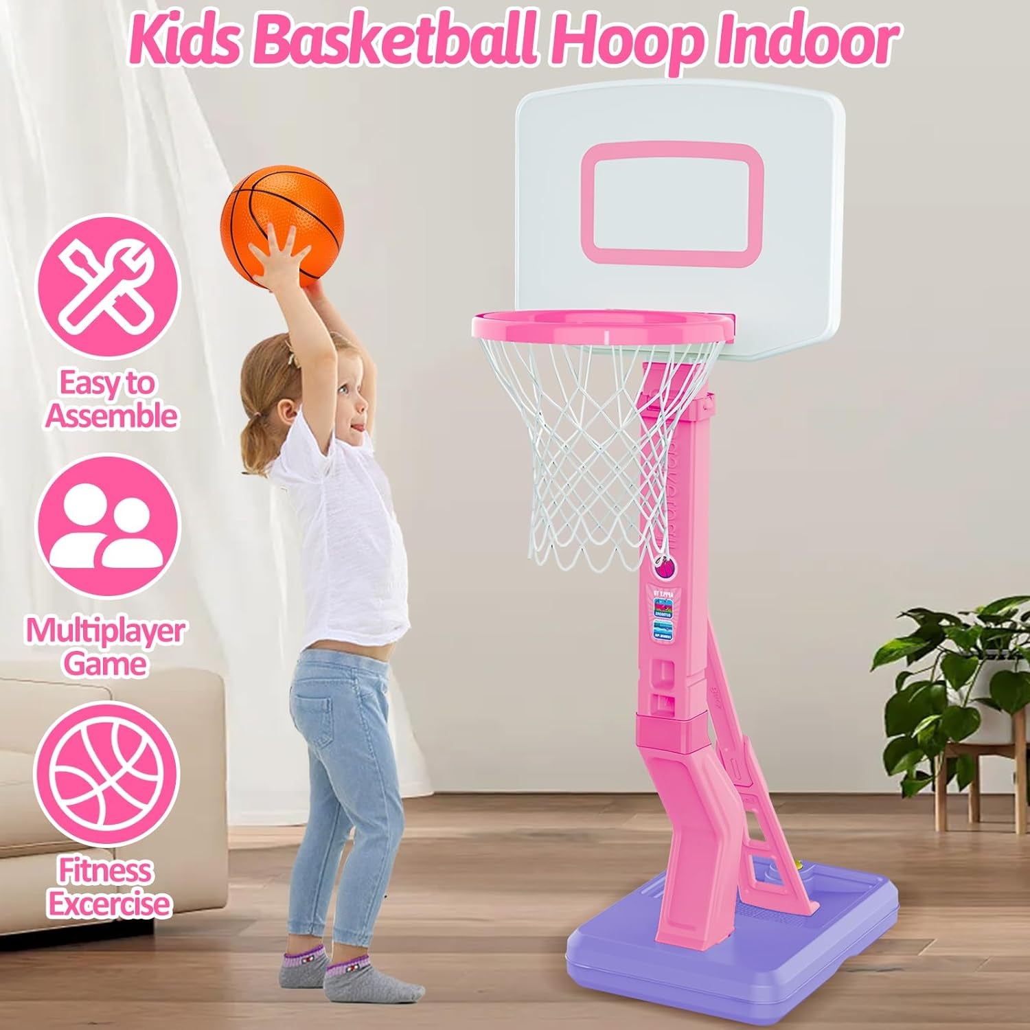 Girls Basketball Hoop Outdoor Indoor Mini Adjustable Pink Basketball Goal with B