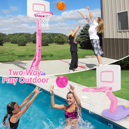 Girls Basketball Hoop Outdoor Indoor Mini Adjustable Pink Basketball Goal with B